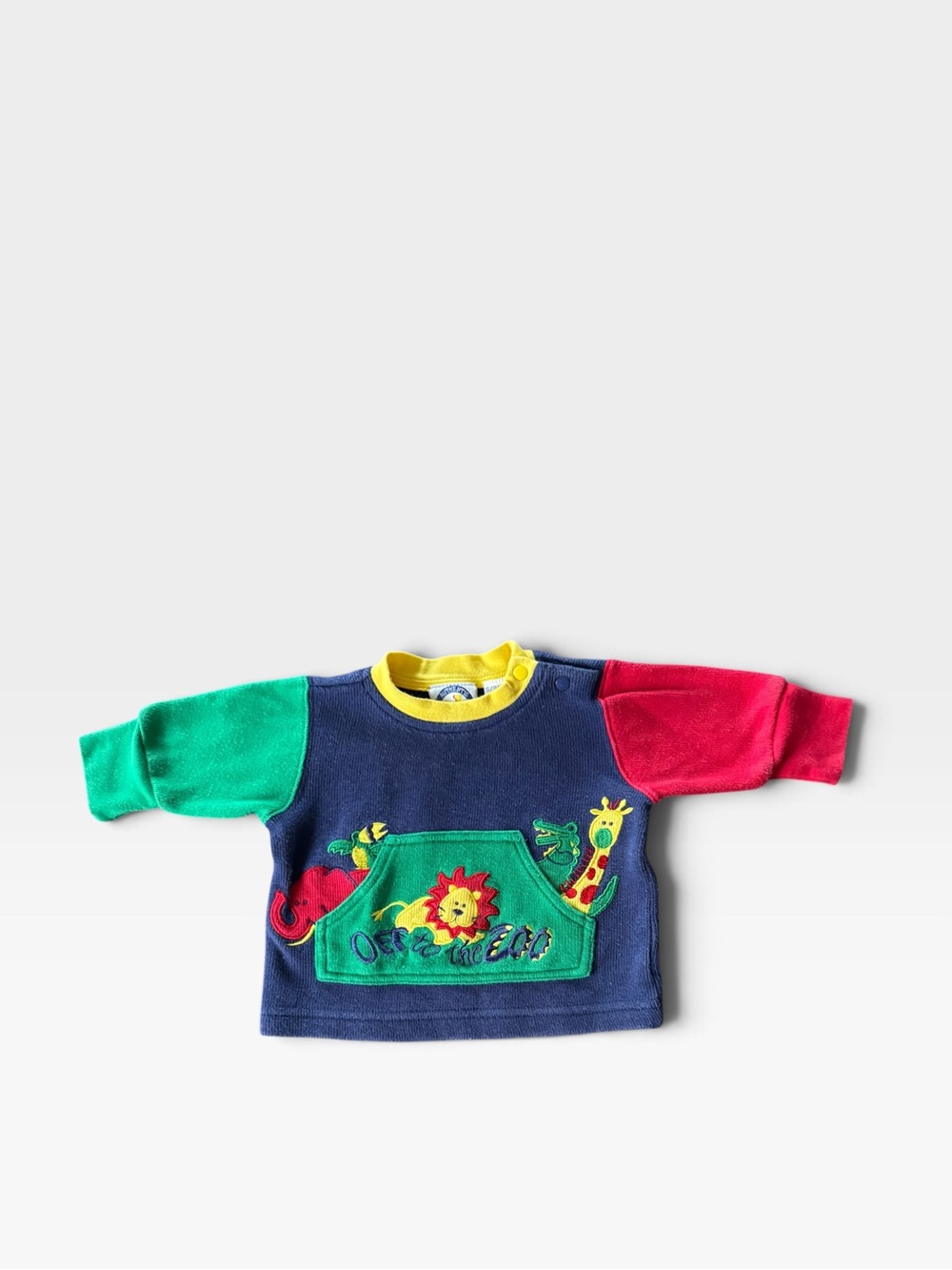 VTG Authentic Baby Colorblock Safari Zoo Appliqué Pullover Navy Green Red 3M